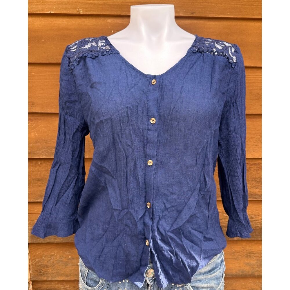 Mine Navy Blue Button Down Blouse Flutter Sleeve Shirt Size L